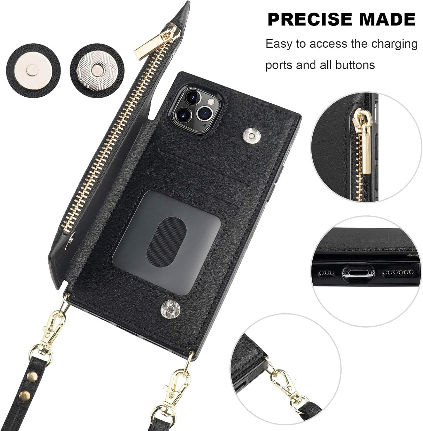 Bocasal Crossbody Wallet Case for iPhone 11 Pro with Card Holder,Zipper Card Slot Protector Shockproof Purse Cover with Removable Cross Body Strap 5.8 Inch(Black)