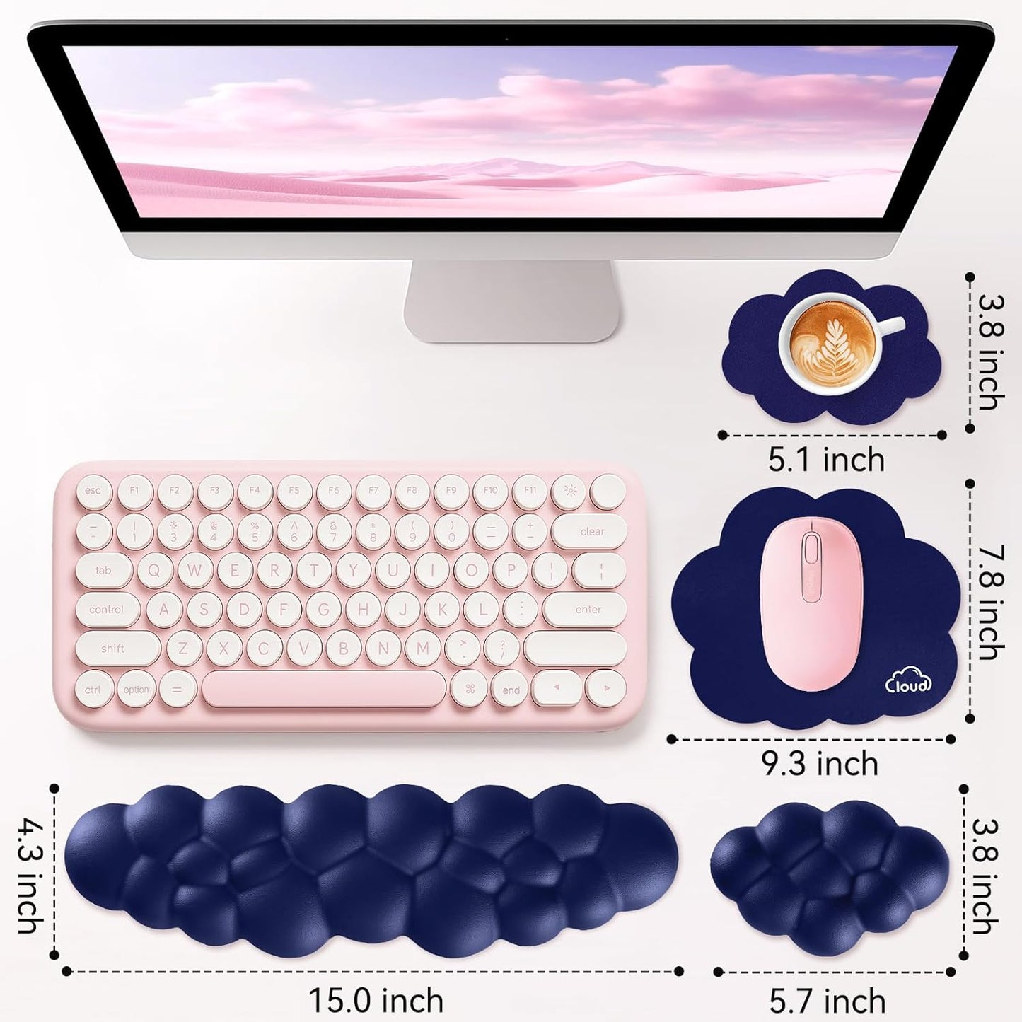 Cloud Wrist Rest for Computer Keyboard, 4-in-1 Memory Foam Leather Cloud Keyboard Wrist Rest and Mouse Pad Set with Ergonomic Support for Arm and Palm Cushion, Gaming/Work Setup, Dark Blue
