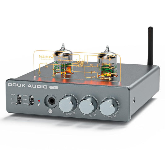Douk Audio T6 2 Channel 80 watts x2 Bluetooth Tube Amplifier Hi-Fi Stereo Power Amp Audio Wireless Receiver with Headphone/Line Output & Treble Bass Tone Control