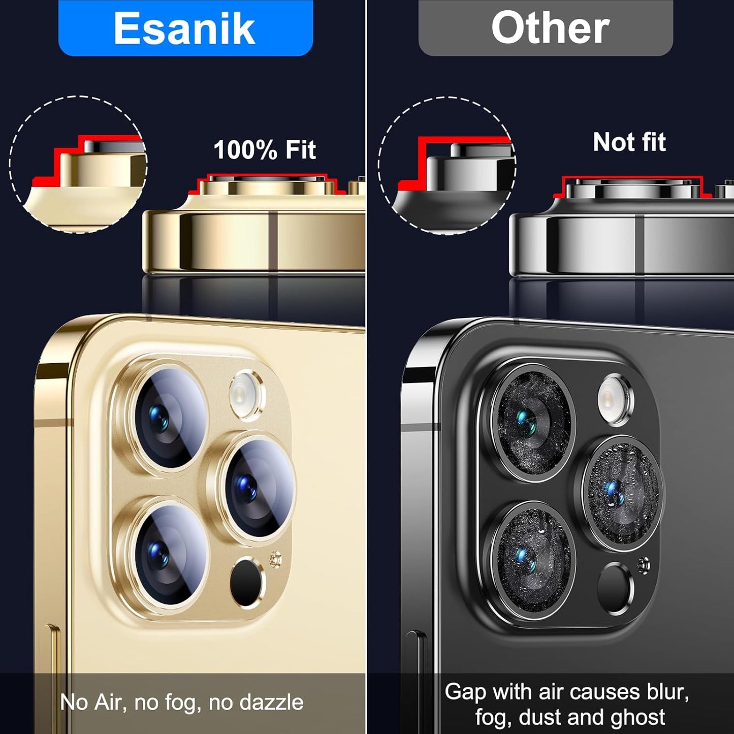 Esanik 2023 Upgrade 2 Pack for iPhone 14 Pro/iPhone 14 Pro Max Camera Lens Protector, Aluminum Alloy Metal matte Case Tempered Glass Camera Screen Cover, Scratch Resistant Case Friendly (Gold)
