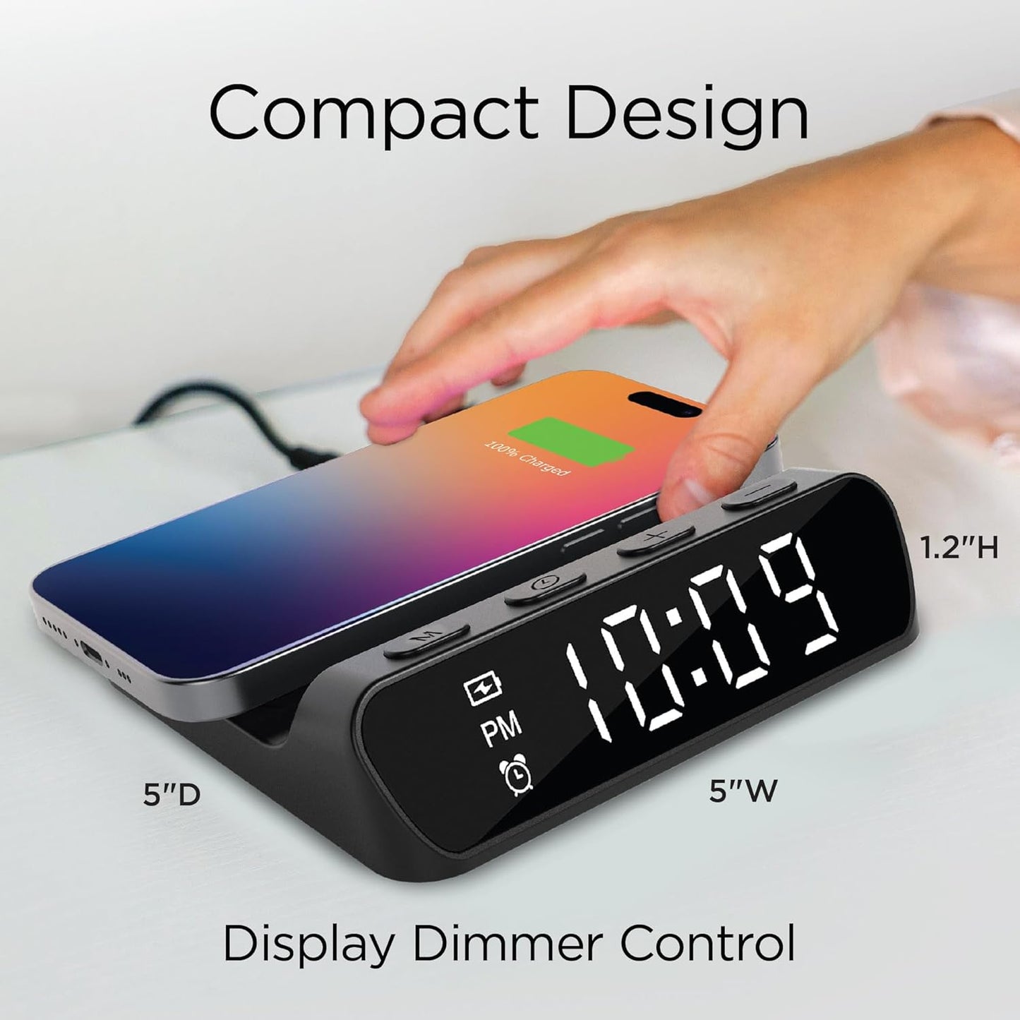 iHome Wireless Charger with Alarm Clock, Compact Digital Alarm Clock for Bedroom, Home Office, or Dorm (iW14)