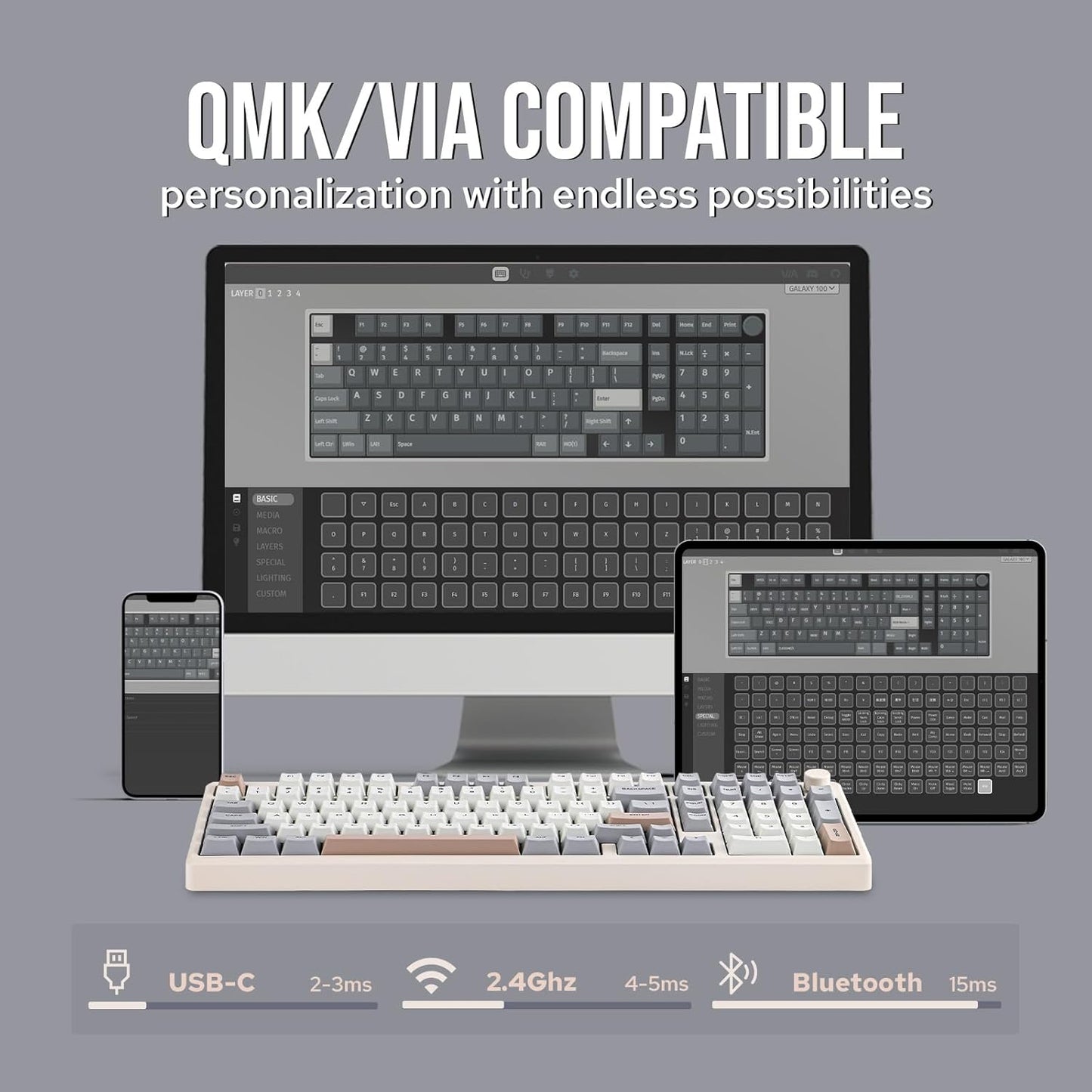 EPOMAKER Galaxy100 QMK/VIA Wireless Gaming Keyboard, Aluminum Shell, Bluetooth/2.4Ghz/USB-C, Pre-Lubed Hot-Swappable Linear Switches, NKRO, RGB Backlit (Creamy White, Wisteria Linear Switch)