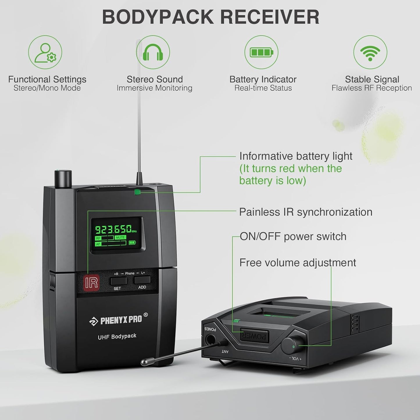 Phenyx Pro Wireless in-Ear Monitor System, Stereo IEM System with Rack Mount Kit, 89 Frequencies, 900MHz UHF Band, 164ft Range, Suitable for Stage & Studio (4 Bodypacks with Transmitter)