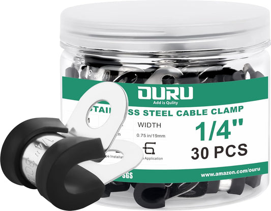 30pcs 1/4 Inch Stainless Steel Rubber Coated Cushioned Insulated Cable Clamps,Automotive Pipe Metal Clamps for Tube,Lines,Wire Cord Installation(Black,6mm)