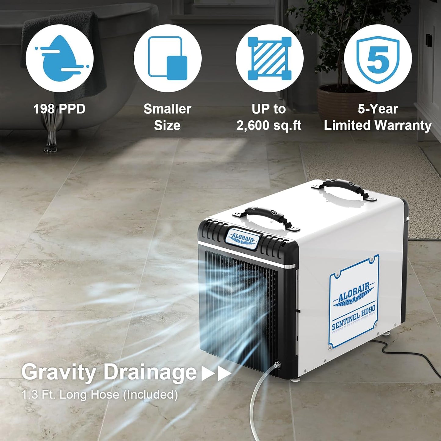 ALORAIR Basement/Crawl Space Dehumidifiers 198 Pint (Saturation), 90 PPD (AHAM), Auto Defrosting System, Commercial Dehumidifier