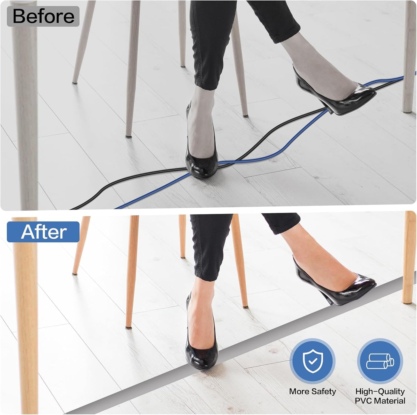 Floor Cord Cover Self Adhesive Cord Hider Floor Extension Cord Covers for Floor Power Cord Protector Cable Management Prevent Cable Trips Cable Cavity 0.32" W x 0.32" H (Grey, 3.3Ft)