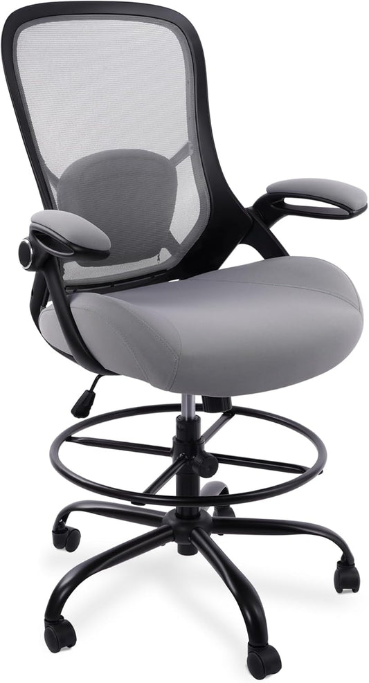 HYLONE 400lbs Heavy Duty Drafting Chair 5" Thickened Seat Office Chair with Flip-Up Armrests Tall Ergonomic Computer Chair with Lumbar Support and Adjustable Footrest Ring Standing Desk Chair(Grey)