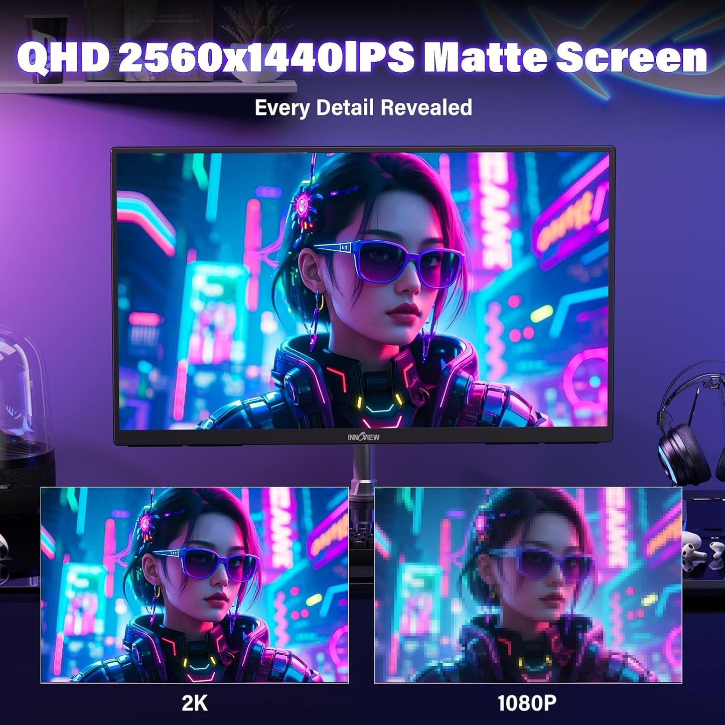 InnoView 23.8 Inch 2K 100Hz Large Portable Monitor ∆E<2 100% sRGB Fast IPS Portable Gaming Monitor QHD w/180° Adjustable Stand USB-C HDMI Laptop Monitor for PS5/4 Desktop MacBook Switch Xbox 2560X1440