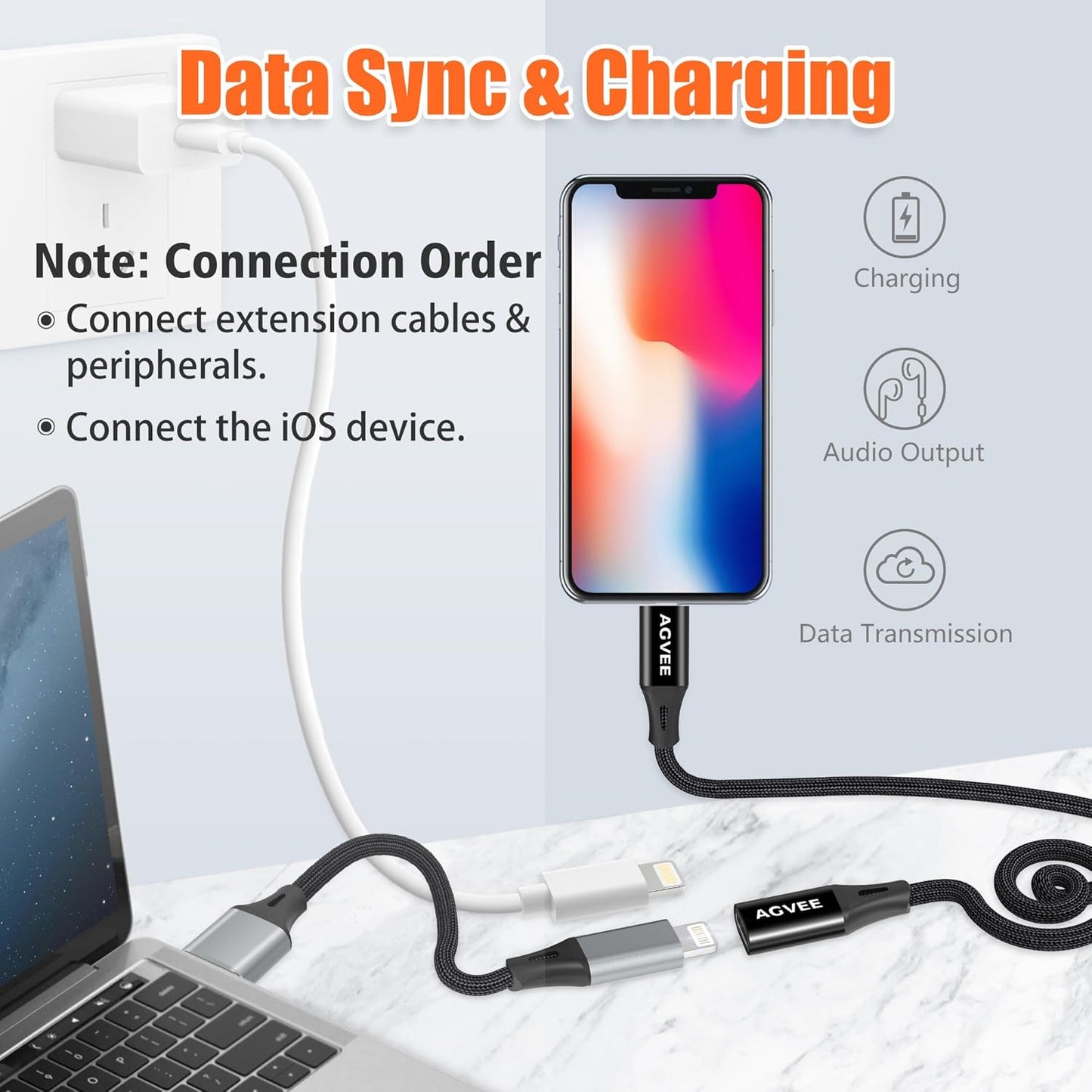 AGVEE 1ft Lightning Extension Cable, Braided Female to Male Extender Full Function Cord Compatible with iPhone iPad, Data Sync Video Audio & Charging Connector Adapter, Black