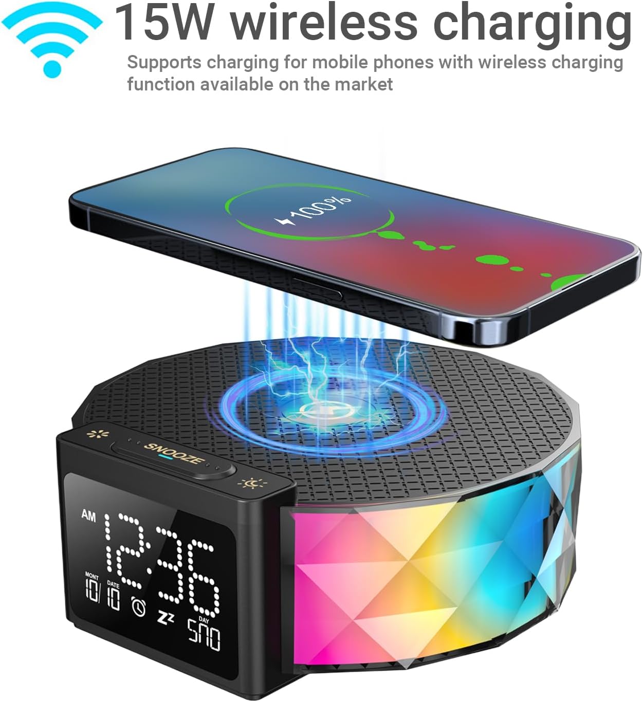Alarm Clock with Fast Wireless Charging 15W,Digital Alarm Clock Night Lamp for Bedroom, RGB Nightlight for 5 Colors,Snooze Mode,8 Types of Music with Cable (Black)