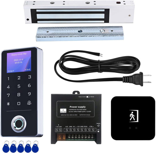 Door Access Control System Kit - Fingerprint, RFID Card, and Password Entry, 600LB Magnetic Lock, Infrared Wireless Switch, Waterproof Door Access Controller with LCD Screen Display