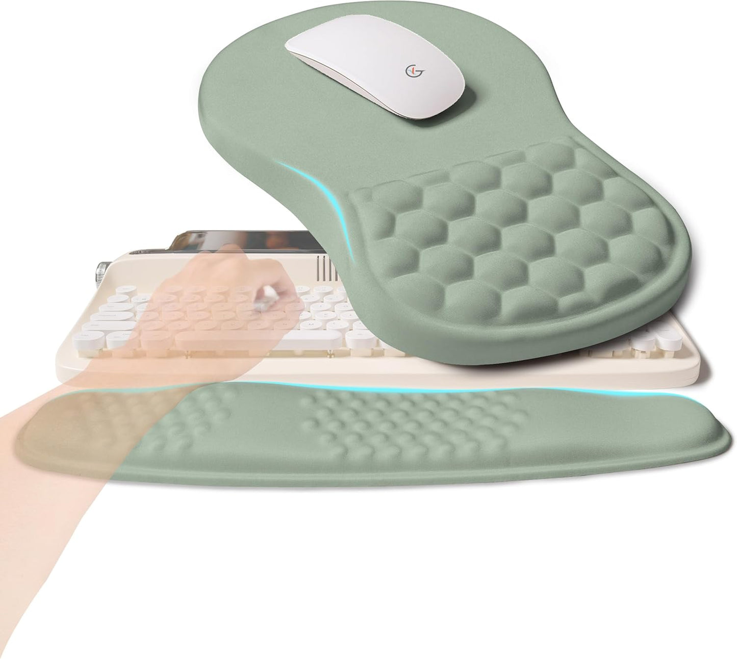 2-in-1 Ergonomic Set, Wave Rise Keyboard Wrist Rest and Massage Bulge Slope Mouse Pad Wrist Support, Cushion Memory Foam Integrated to Relieve Wrist Pain, Light Green