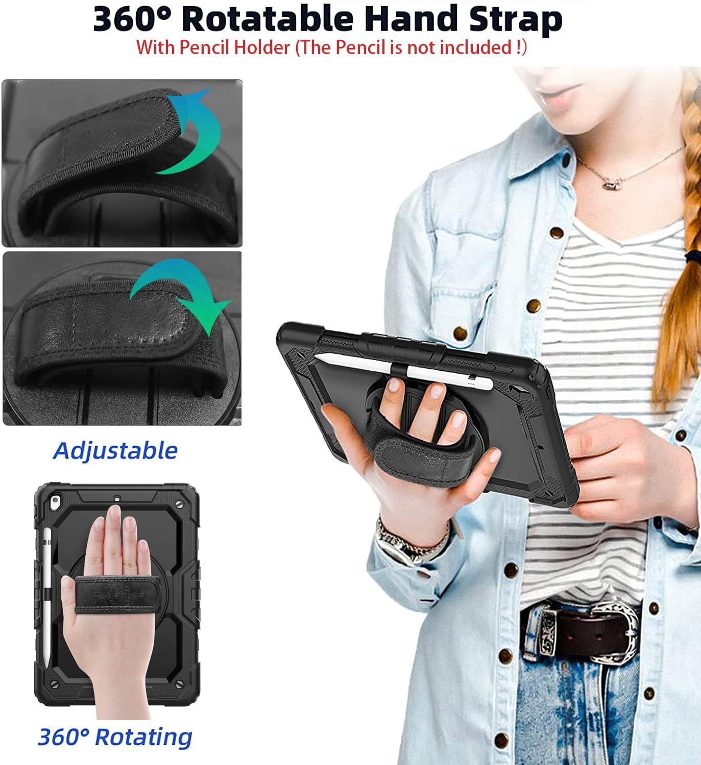 BLOSOMEET Case for iPad 9th/8th/7th Generation 2021/2020/2019 10.2 Inch with Tempered Glass Screen Protector & Pencil Holder,Protective Kids iPad 10.2 Case Cover w/Stand Hand Shoulder Strap,Black