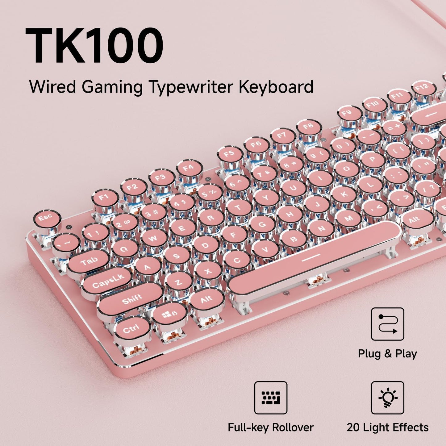EWEADN TK100 Typewriter Keyboard Wired Mechanical Keyboard, 104 Keys Aesthetic Typewriter Keyboards with White Backlit, Anti-Ghosting, Blue Switch Wired Cute Keyboards-Pink