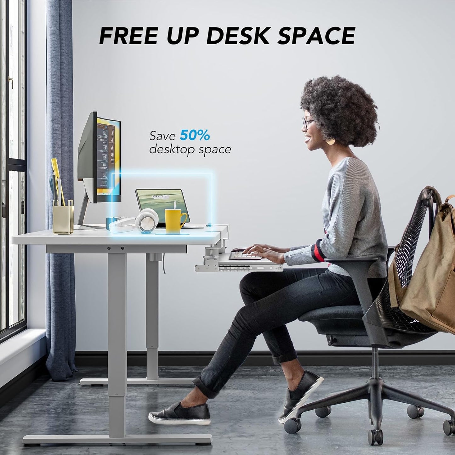 AX WABER Keyboard Tray Under Desk Pull Out with Extra Sturdy C Clamp Mount System, 27.3 (32.5 inch Including Clamps) x 11 Inch Slide-Out Platform Computer Drawer for Typing White AX01WW01