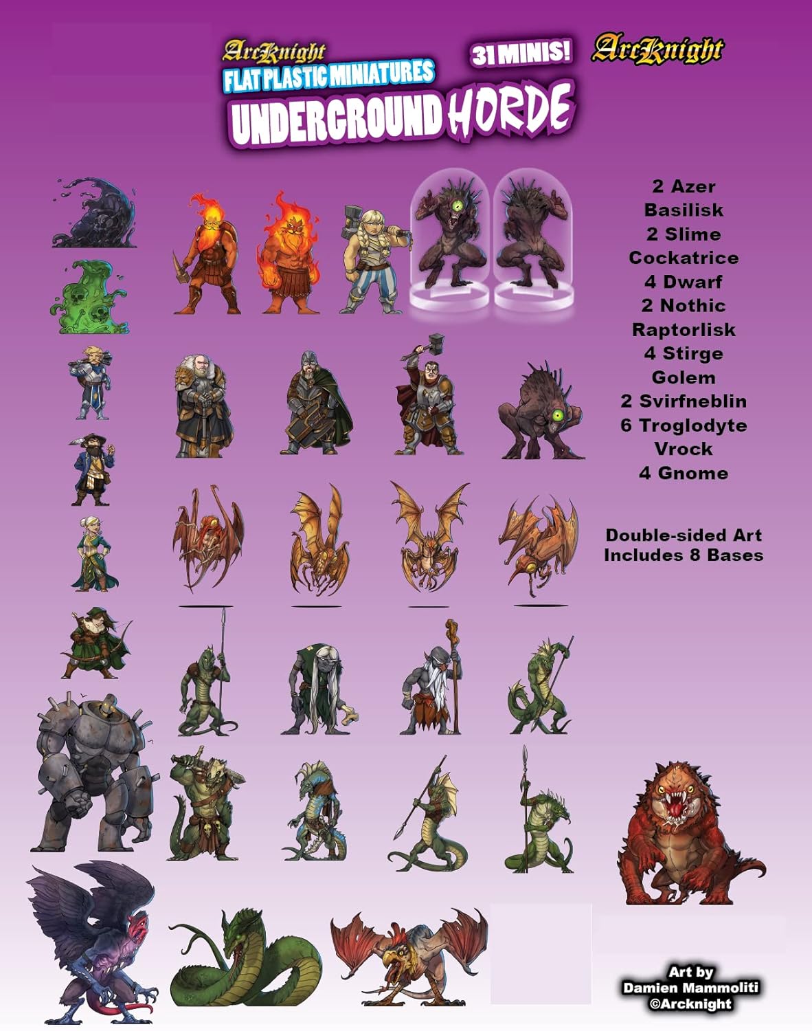 Arcknight Flat Plastic Miniatures: Underground Horde; 31 Unique Subterranean-Themed Minis for DND 5e and Pathfinder; Affordable, Skinny Figurines for Dungeons and Dragons and Other Tabletop RPG Games