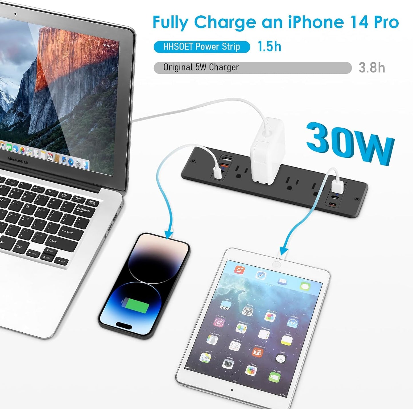 HHSOET 8 Outlet Recessed Power Strip, 30W Fast Charging Furniture Power Outlet USB C, Flush Mount Surge Protection Socket with 4 USB-A and 4 USB-C, 6ft Power Cord. (Black)