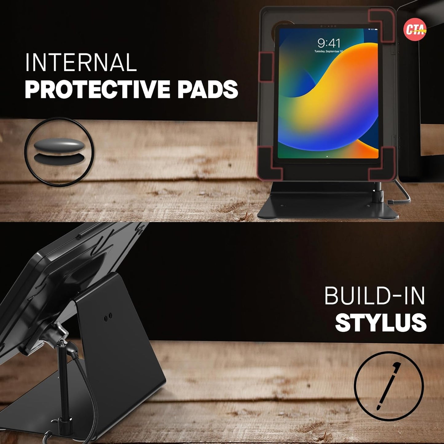 Desktop Anti-Theft Stand – CTA Kiosk Stand with Stylus, Tether, and Aluminum Enclosure for iPad (Gen 2-6), Air (Gen 1 & 2), & Pro 9.7 - Black (PAD-DASB)