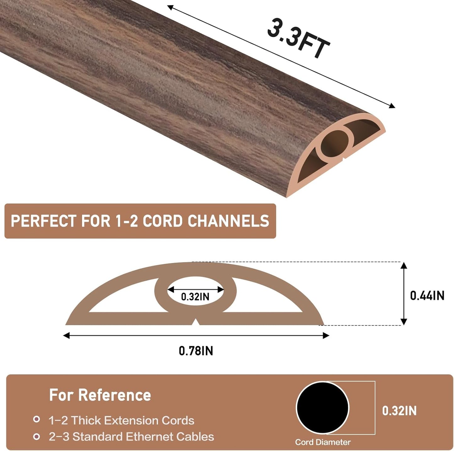 Floor Cord Cover Self Adhesive Cord Hider Floor Extension Cord Covers for Floor Power Cord Protector Cable Management Prevent Cable Trips Cable Cavity 0.32" W x 0.32" H (Smoked Brown Wood, 3.3Ft)