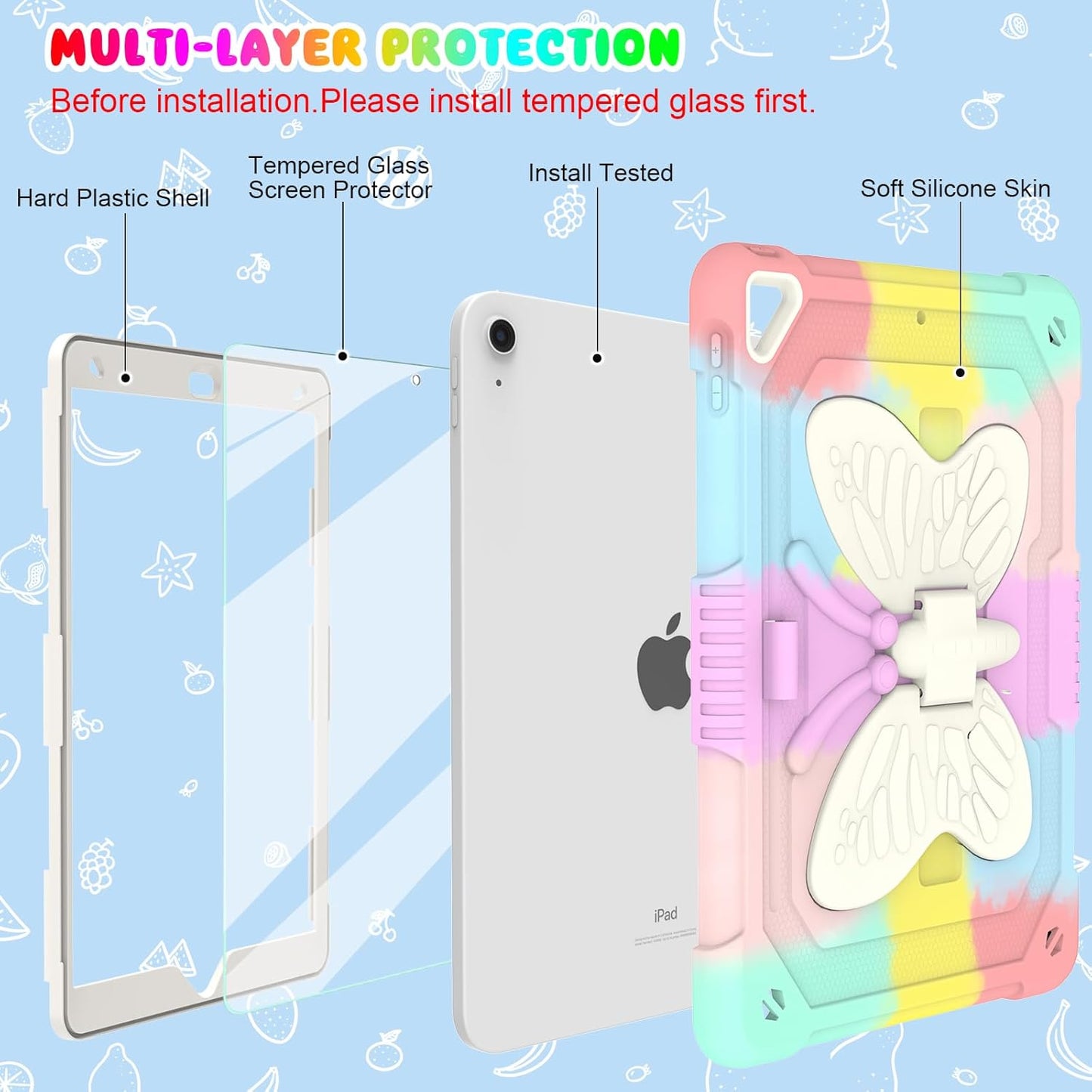 BLOSOMEET Pink Kids Case for iPad 9th/8th/7th Generation 2021/2020/2019 10.2 Inch with Tempered Glass Screen Protector & Butterfly Stand Cover for iPad 10.2 with Shoulder Strap Pencil Holder