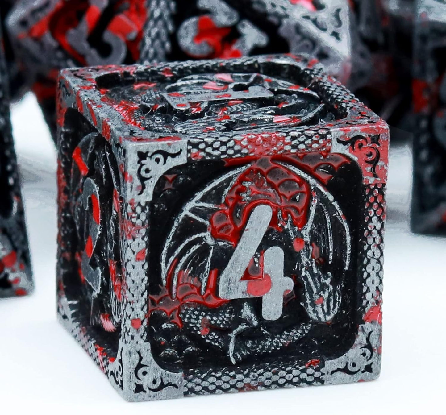 Haxtec Bloodstained Metal DND Dice Set Antique Iron Blood D&D Dice Set Dragon Scale with Leather Dice Bag Bloodsplattered Metal Polyhedral Dice Compatible with Dungeons and Dragons TTRPG Gifts