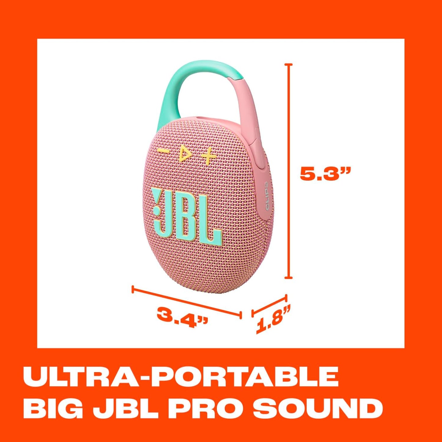 JBL Clip 5 - Ultra-Portable, Waterproof & Dustproof Bluetooth Speaker, Big Pro Sound with Punchy bass, Integrated Carabiner, Up to 12 Hours of Play, Made in Part with Recycled Materials (Pink)