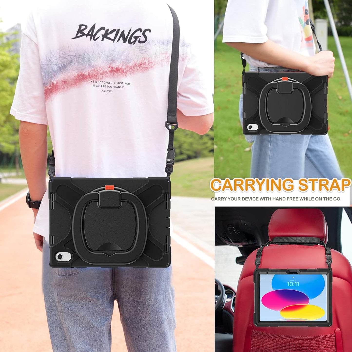 BRAECN Case for iPad (A16) 11th/10th Generation 11”/10.9'' 2025/2022, Protective Silicone Rugged with Screen Protector/Swivel Ring Stand/Stable Kickstand/Handle Grip/Shoulder Strap for Kids, Black