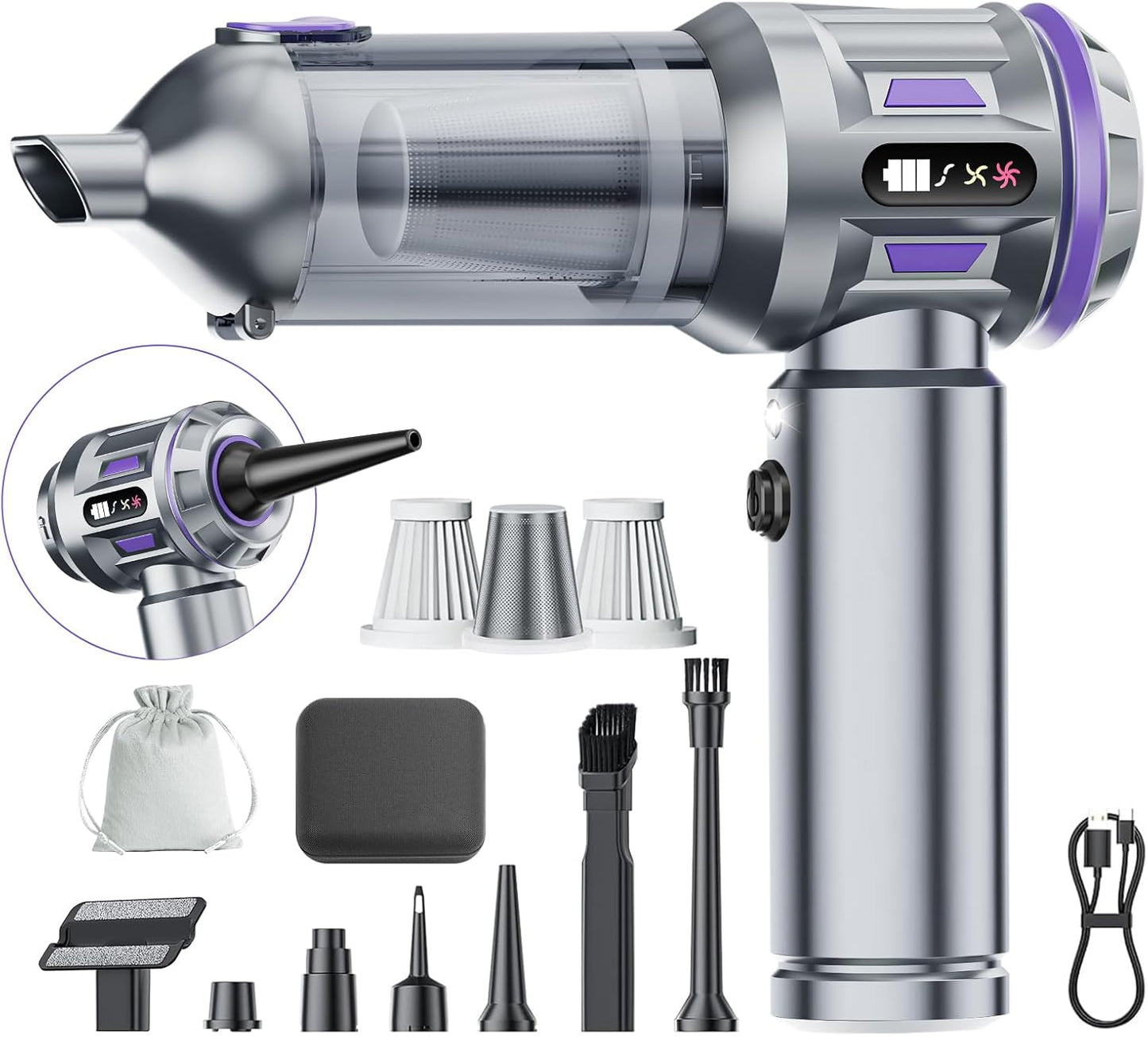 Car Vacuum Portable Cordless, 18000pa Mini Vacuum Cleaner, 4 in 1 Handheld Vacuum Cordless Rechargeable, 120W High Power Hand Held Vacuum Cleaner With LED Light Multi-nozzles for Car Home Office Pet