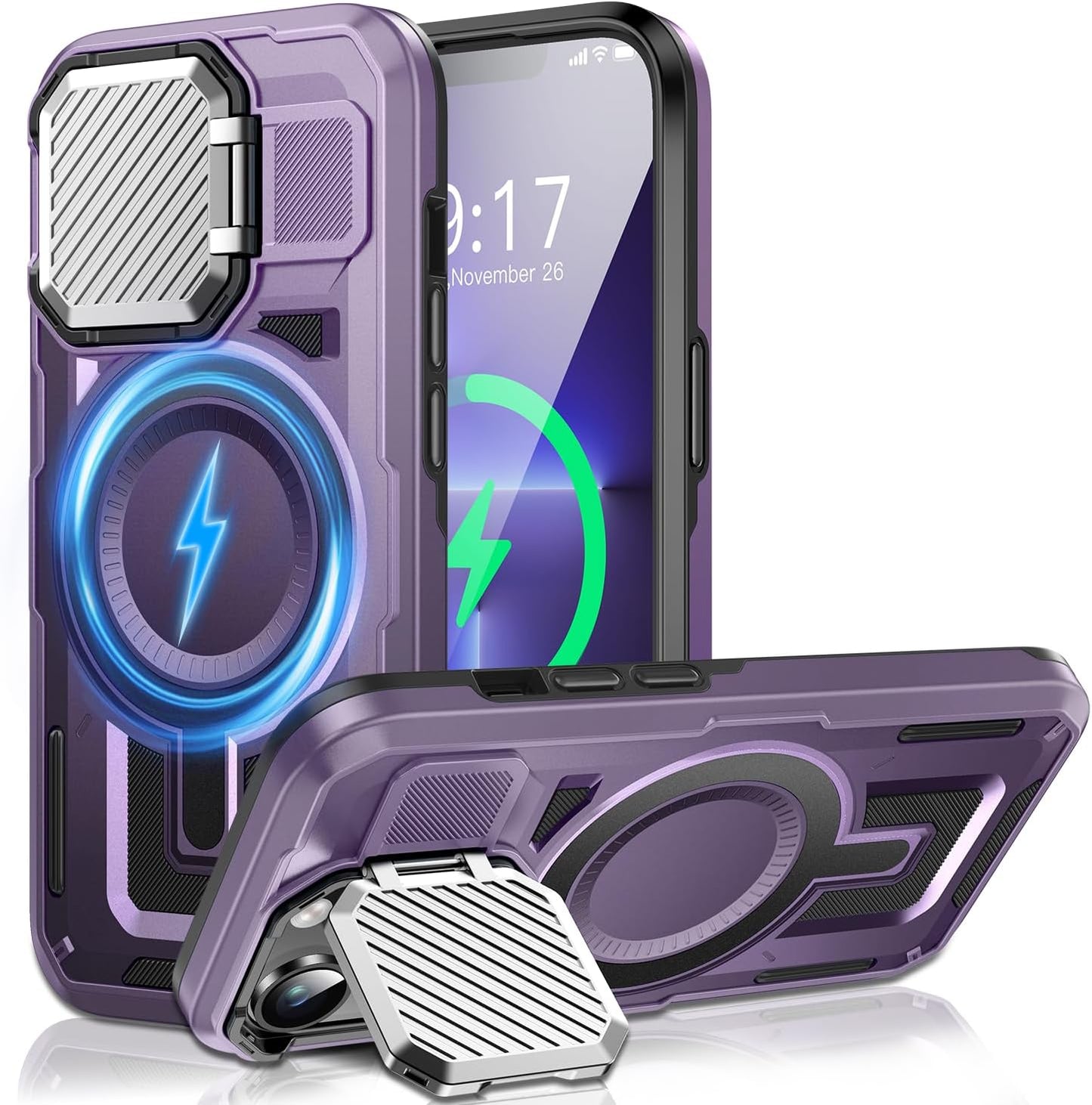 Camera Stand Case for iPhone 13 Pro Max, [Compatible with Mag Safe] [Lens Cover] 2024 Version Military Grade Protective Soft Case for iPhone 13 Pro Max 6.7 inch Men Women, Purple