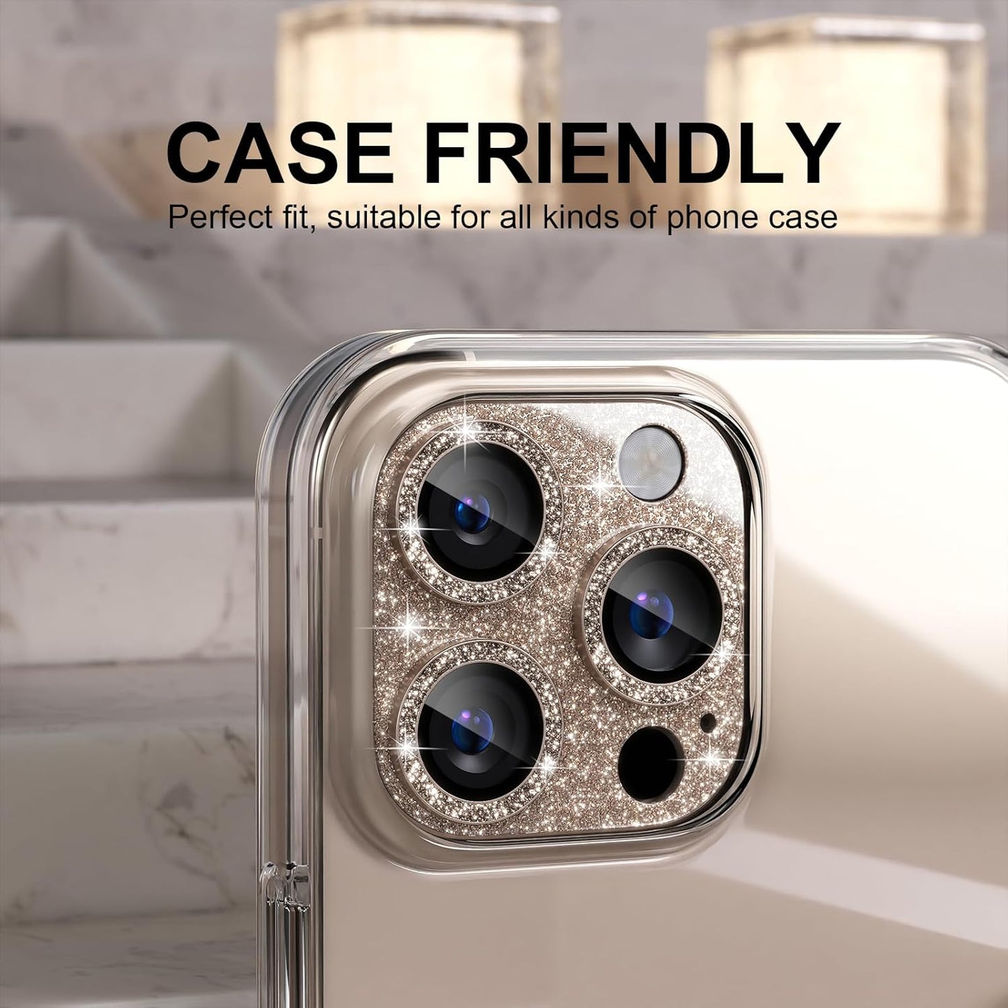 Choiche Compatible for iPhone 16 Pro/iPhone 16 Pro Max Camera Lens Protector, Bling Camera Cover with 9H Tempered Glass Lens Screen Protector Metal Ring Accessories (Glitter-Titanium Desert)