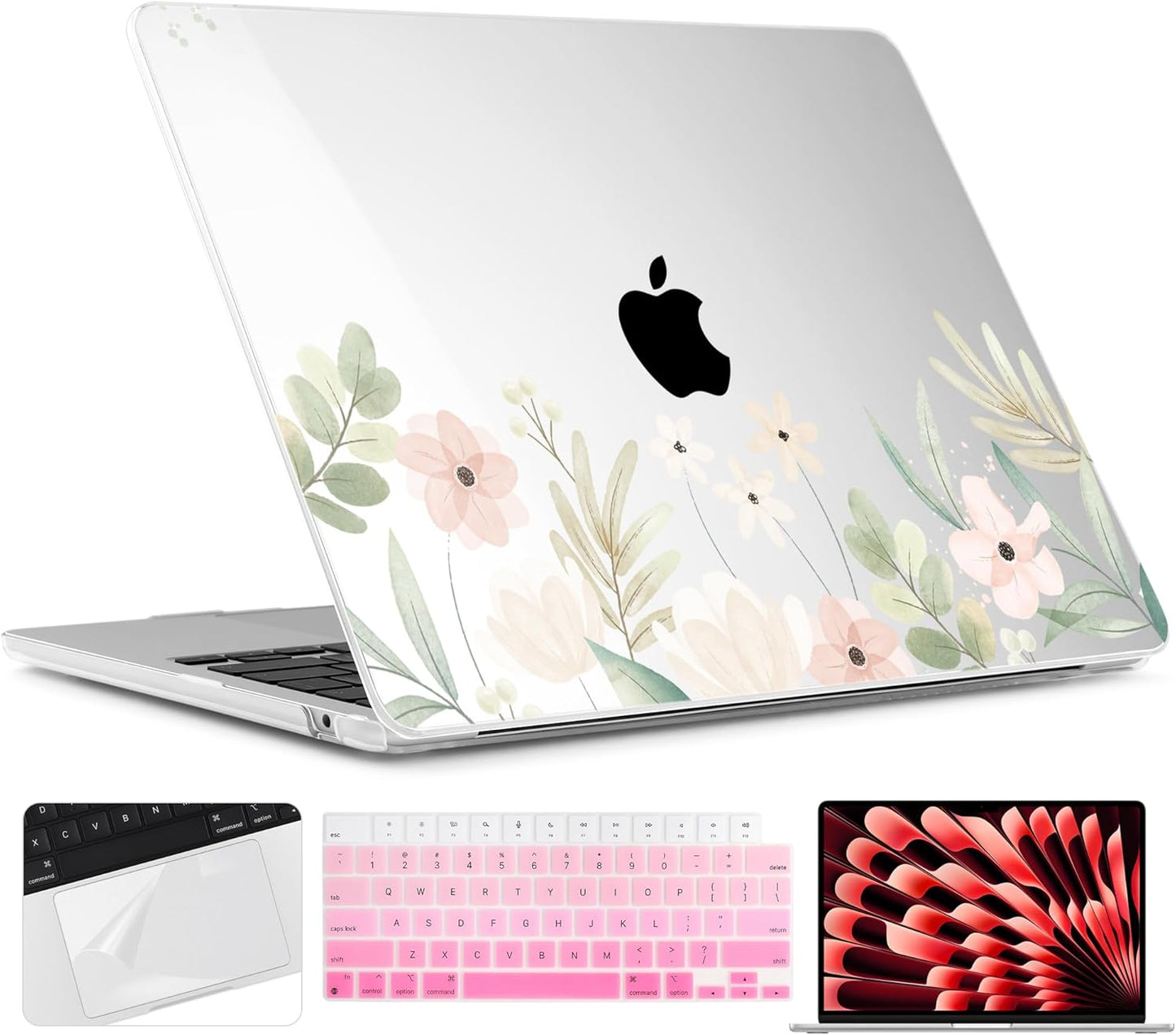 TWOLSKOO for M4 MacBook Air 13.6 inch Case 2025-2022 Release M4 A3240 M3 A3113 M2 A2681, Plastic Hard Shell & Screen Protector & Keyboard Cover & Trackpad Film, Watercolor Floral