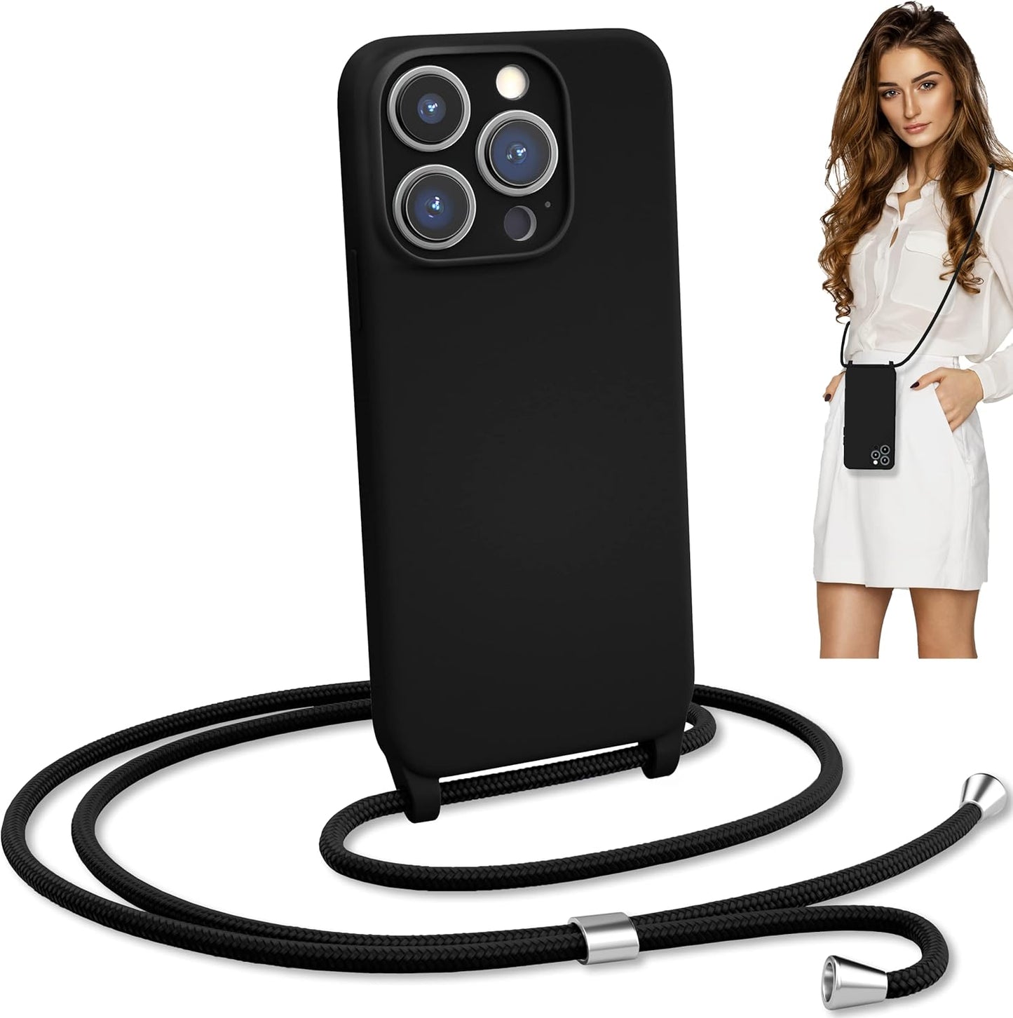 Blaspins Crossbody Lanyard Strap Case for iPhone 13, Neck Cross Body, Adjustable Holder Removable, Drop Protection Shockproof, Hands-Free Silicone Case Cover 6.1 inch, 150 cm Strap, iP13 - Black