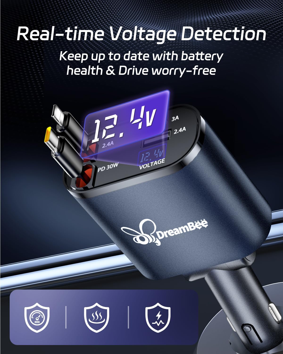 DreamBee Retractable Car Charger,66W 4 in 1 Super Fast Charge Car Phone Charger,Gifts for Men Women Car Truck Accessories for iPhone 15/14/13/12 Pro Max XR,iPad,Samsung,Pixel-Blue