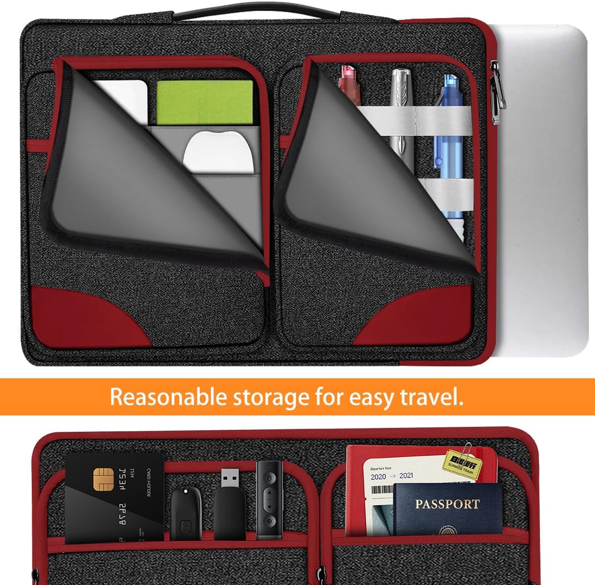 Hseok Laptop Case 15 15.6 16 inch Sleeve with Handle and Hidden Strap,Compatible with MacBook Pro 15.4 16, 360° Protective PC Briefcase with 4 Pockets for Laptop Accessory,Easy to Carrying,Red