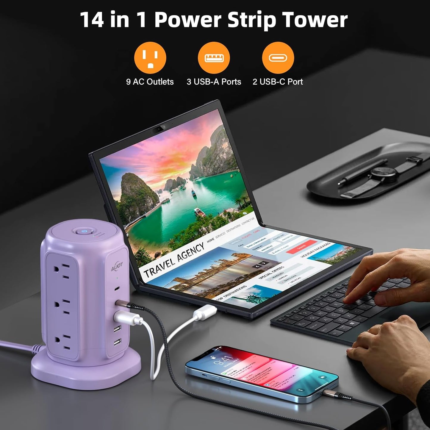 AiJoy Flat Plug Power Strip Tower with 9 Outlets and 5 USB Ports (2 USB C), 1200J Surge Protection with 1625W Extension Cord with Multiple Outlets for Dorm Home Office Supplies, Purple