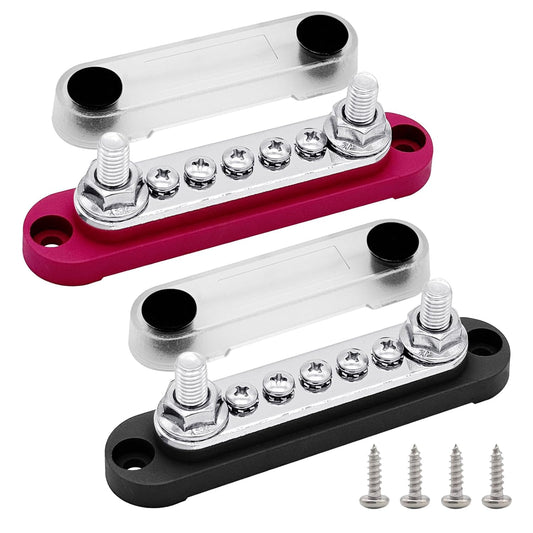 2 x M8 (5/16") Power Distribution Block Bus Bar 12V with 5 x M4 (#8) Screws, Ampper 4.3" 200A Marine BusBar Battery Distribution Block W/Cover for Car Boat Solar (Red & Black)