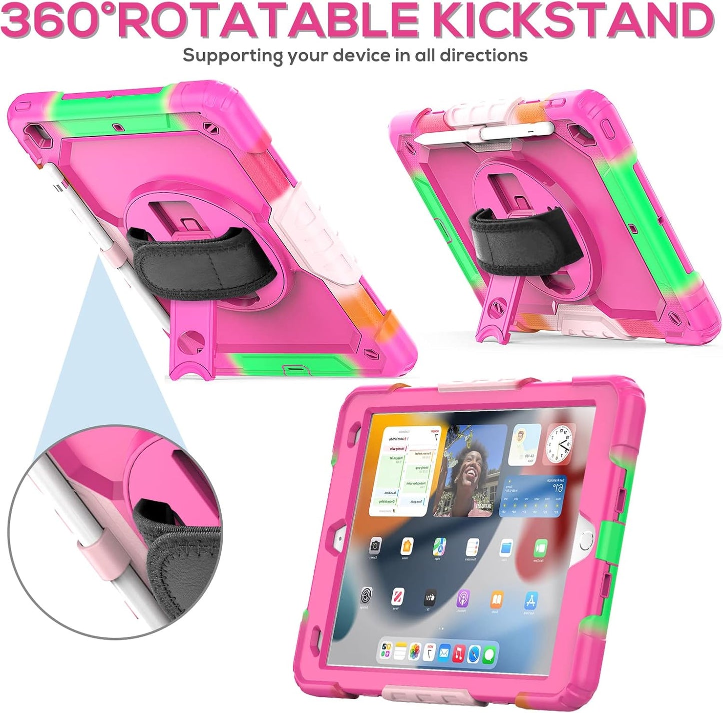 BLOSOMEET Case for iPad 9th/8th/7th Generation 2021/2020/2019 10.2 Inch for Kids Girls with Tempered Glass Screen Protector & Pen Holder| iPad 10.2 Case Cover w/Stand Hand Shoulder Strap |Rose