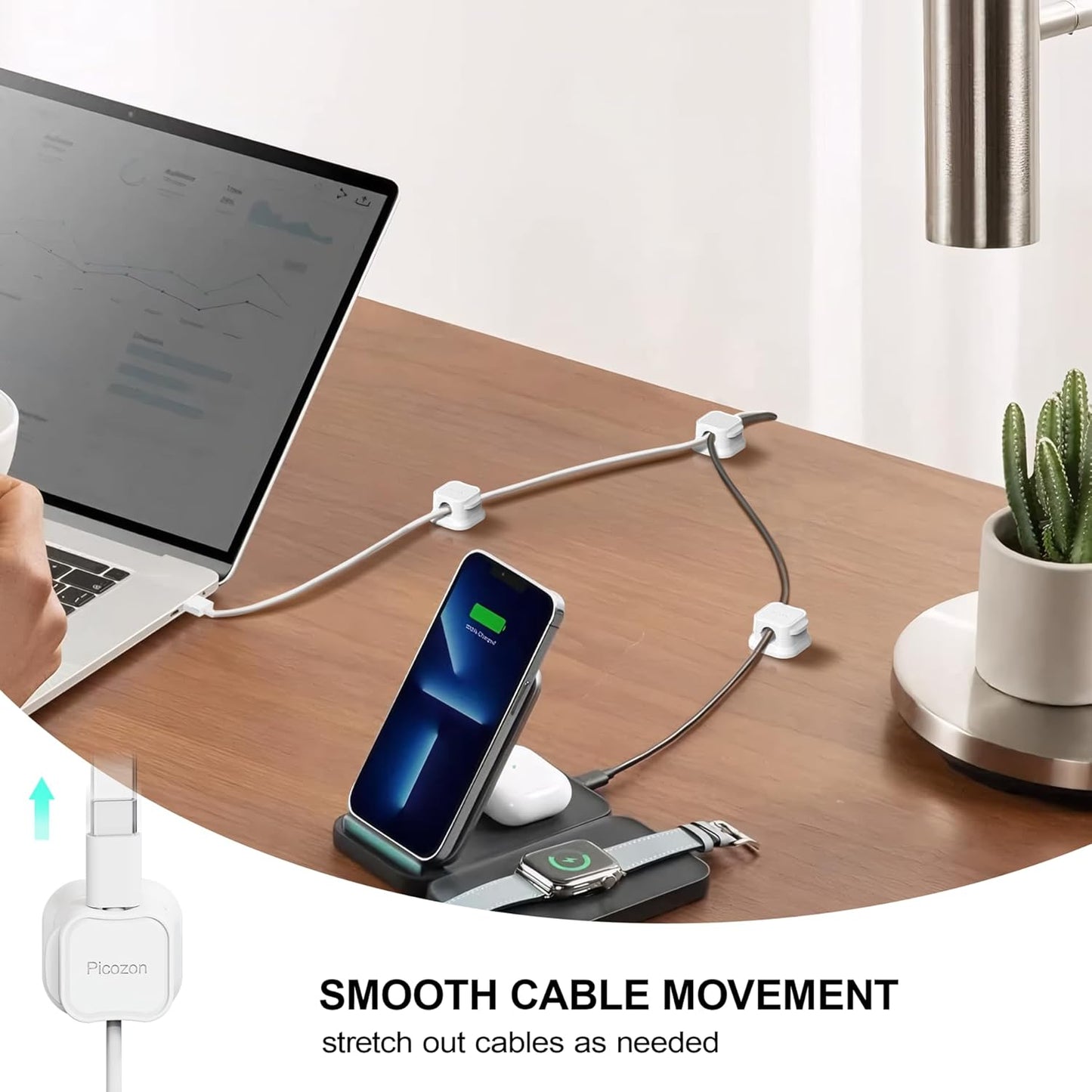 8 Pack Magnetic Cable Clip Organizer Cord Holder, Picozon Adhesive Cable Management, Wire Phone USB Charger Cable Holder, Keeper Organizer for Office Home Desktop Table - White