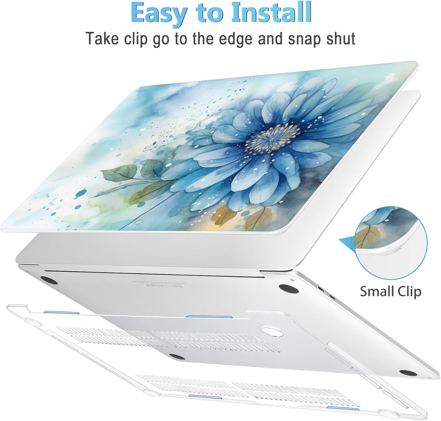 Mektron Designed Case for MacBook Pro 16 Inch A2141 Cover 2019 Release 16" with Liquid Retina Display/Touch ID, Plastic Hard Shell with Keyboard Skin & Screen Protector, Watercolor Blue Flower