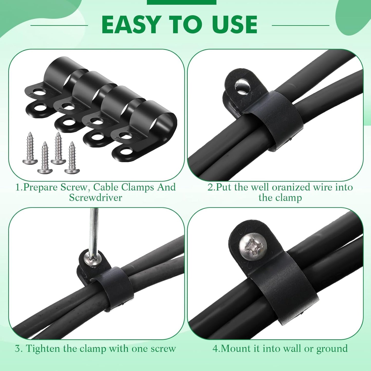 Hicarer 50 Pack R-Type Cable Clip Wire Clamp, Nylon Screw Mounting Cord Fastener Clips with 50 Pack Screws for Wire Management (Black, 1/2 Inch)