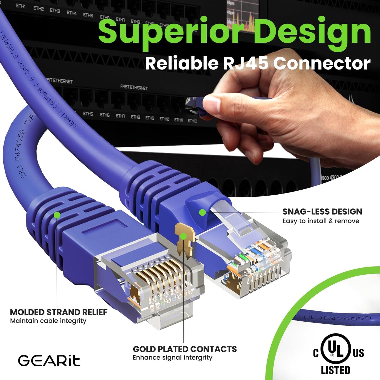 GearIT Cat 6 Ethernet Cable (10-Pack 3 Feet) Cat6 Network Patch, 10Gbps, RJ45, Snagless Cord, Gold-Plated Connectors, Internet for PC, TV, Tablet, Router, Printer, Servers, IT Data Center - Purple