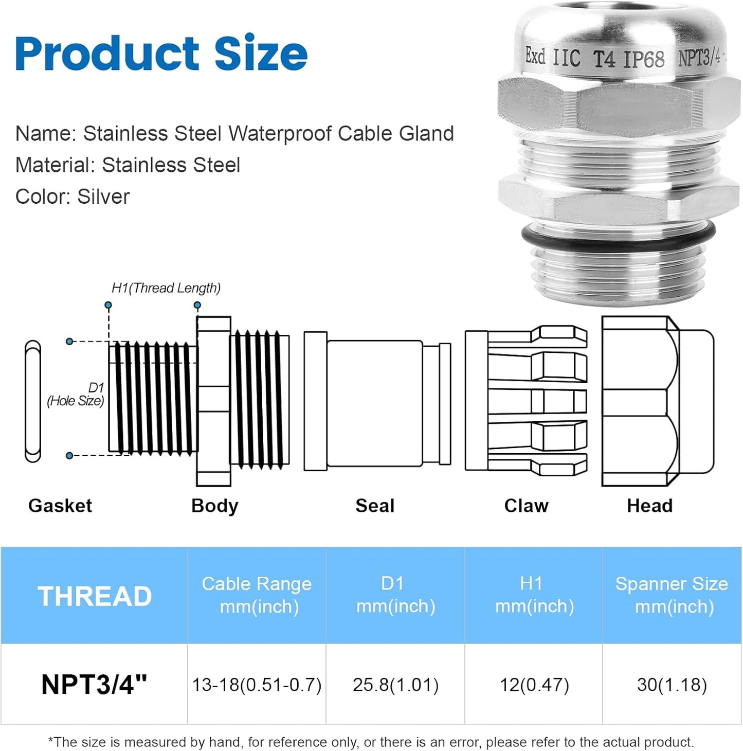 2 Pcs 3/4" NPT Stainless Steel Waterproof Cable Gland, IP68 Waterproof Adjustable Cable Glands, Strain Relief Cord Grip Connectors with Gaskets and Locknut for 13-18mm Cable Diameter