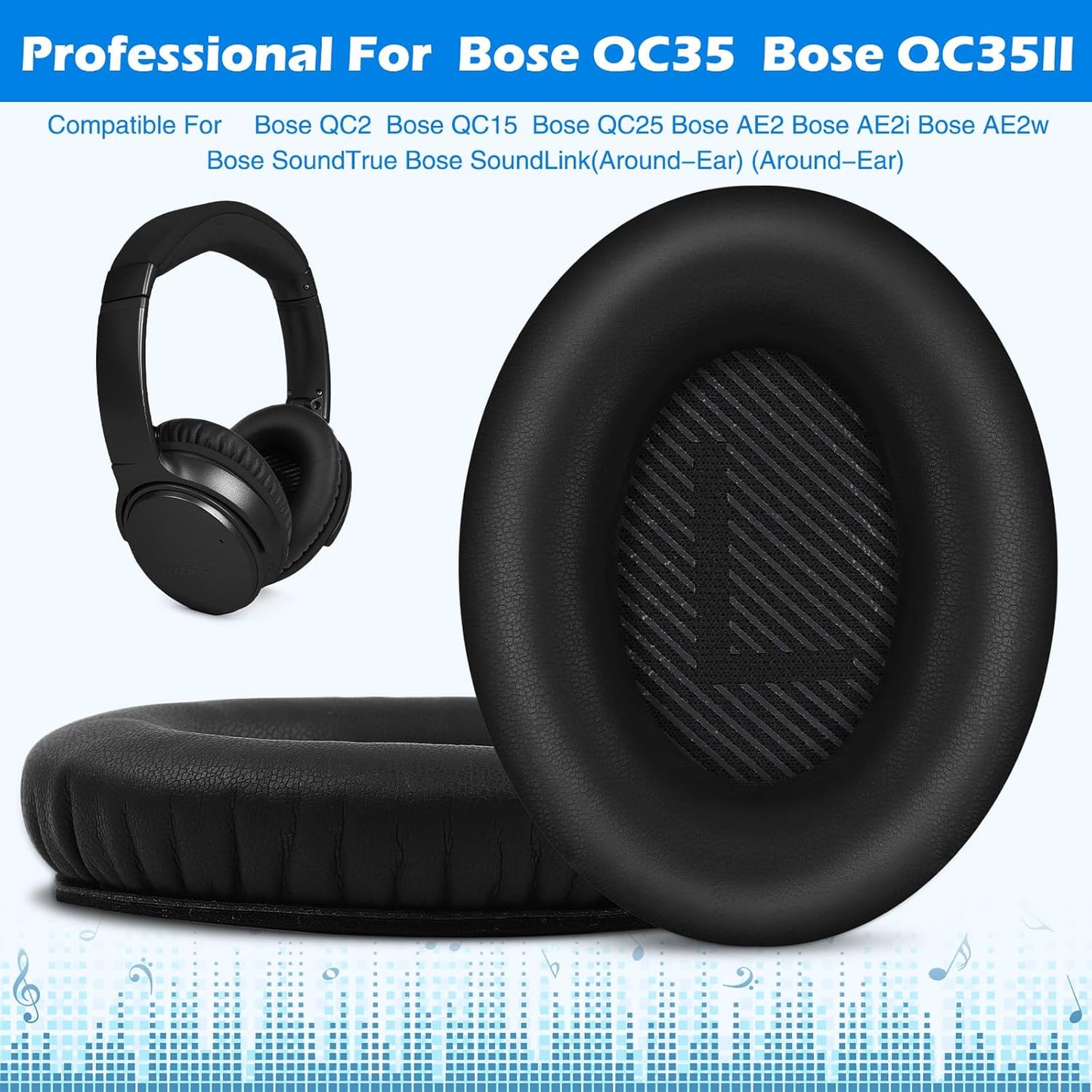 Ear Pads for Bose QuietComfort 35 ii, Premium Softer Leather Replacement Pads for Bose QC35 QC35ii Headphones Ear Pads Quiet Comfort, Noise Isolation Foam, Added Extra Thickness (Black)