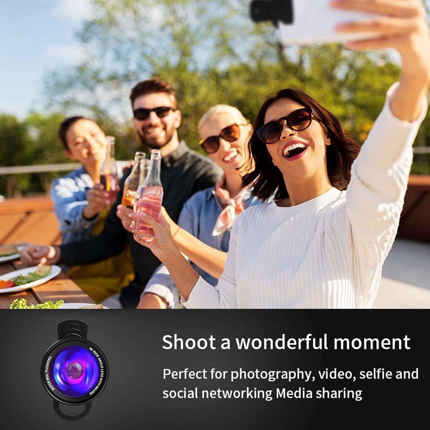 4K HD 0.45X Wide Angle Lens + 15X Macro Lens for iPhone Samsung - with Mini Selfie Ring Light, Quick Clip, Release Strap, Cleaning Cloth & Travel Case - Universal Phone Camera Lens Kit for Photography