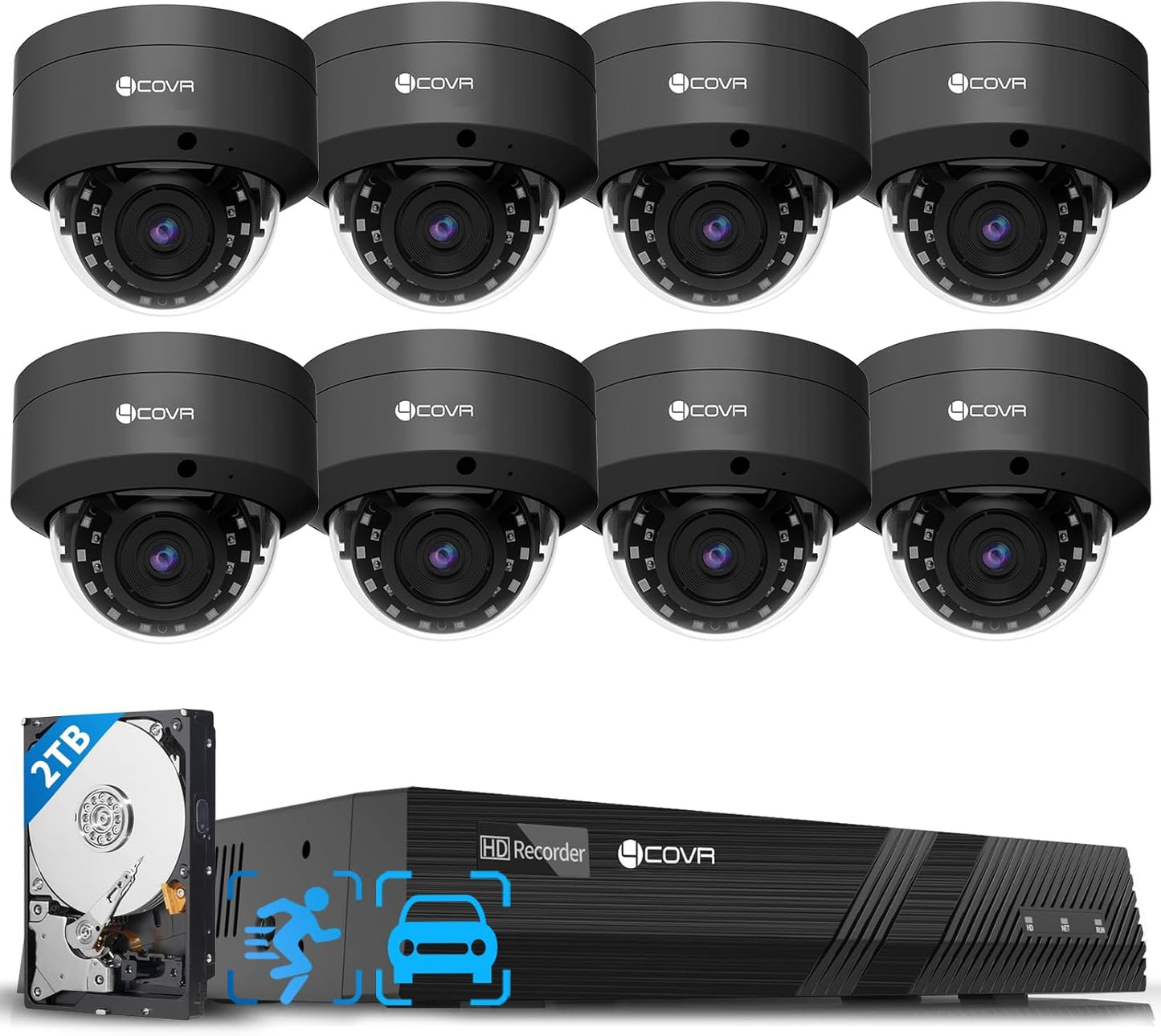 4COVR 4K Security Camera System, 8X 8MP IK10 Vandal-Proof IP67 Dome PoE IP Camera with Audio, 8CH NVR 2TB HDD, AI Human Vehicle Detection & IR Night Vision, 24/7 Home Outdoor Recording, LY54AB8M0808