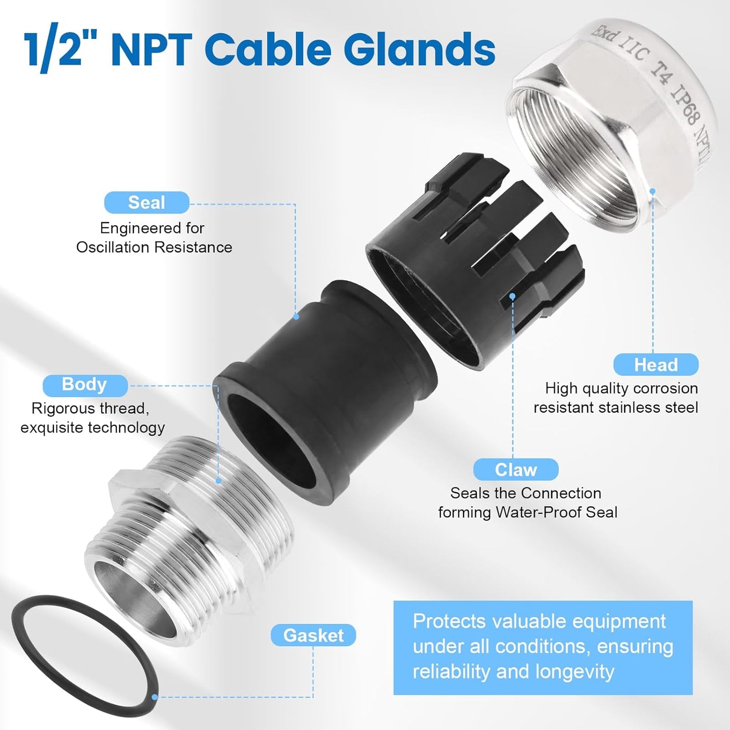 2 Pcs 1/2" NPT Stainless Steel Waterproof Cable Gland, IP68 Waterproof Adjustable Cable Glands, Strain Relief Cord Grip Connectors with Gaskets and Locknut for 6-12mm Cable Diameter