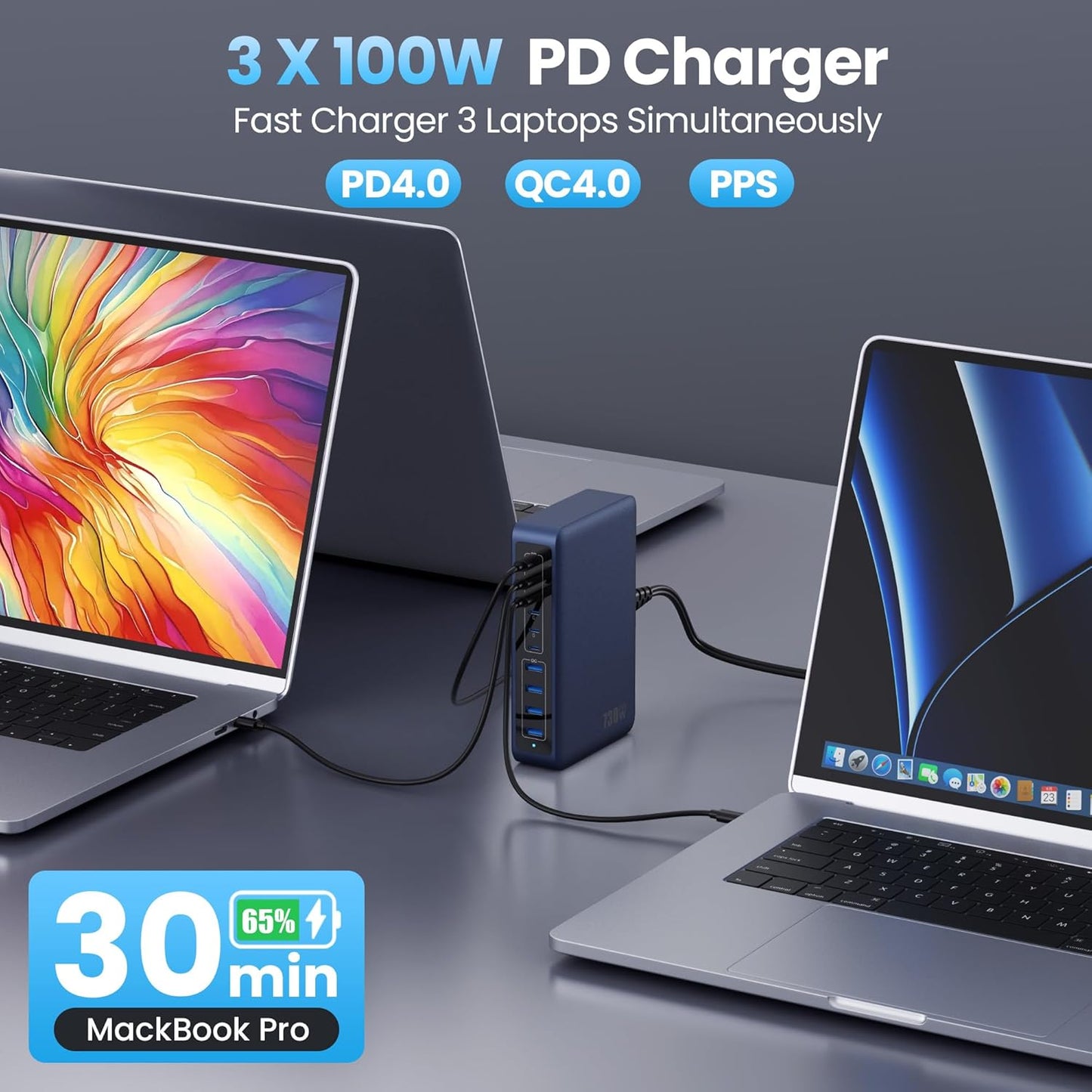 730W USB C Charger Block,10-Ports GaN V Fast Charging Station Hub,QC4.0+3 PD 100W Laptop Charger Wall Power Adapter for MacBook Pro/Air,DELL,iPhone 16/15/14/13,iPad,Galaxy S25,Pixel,Steam Desk-Navy