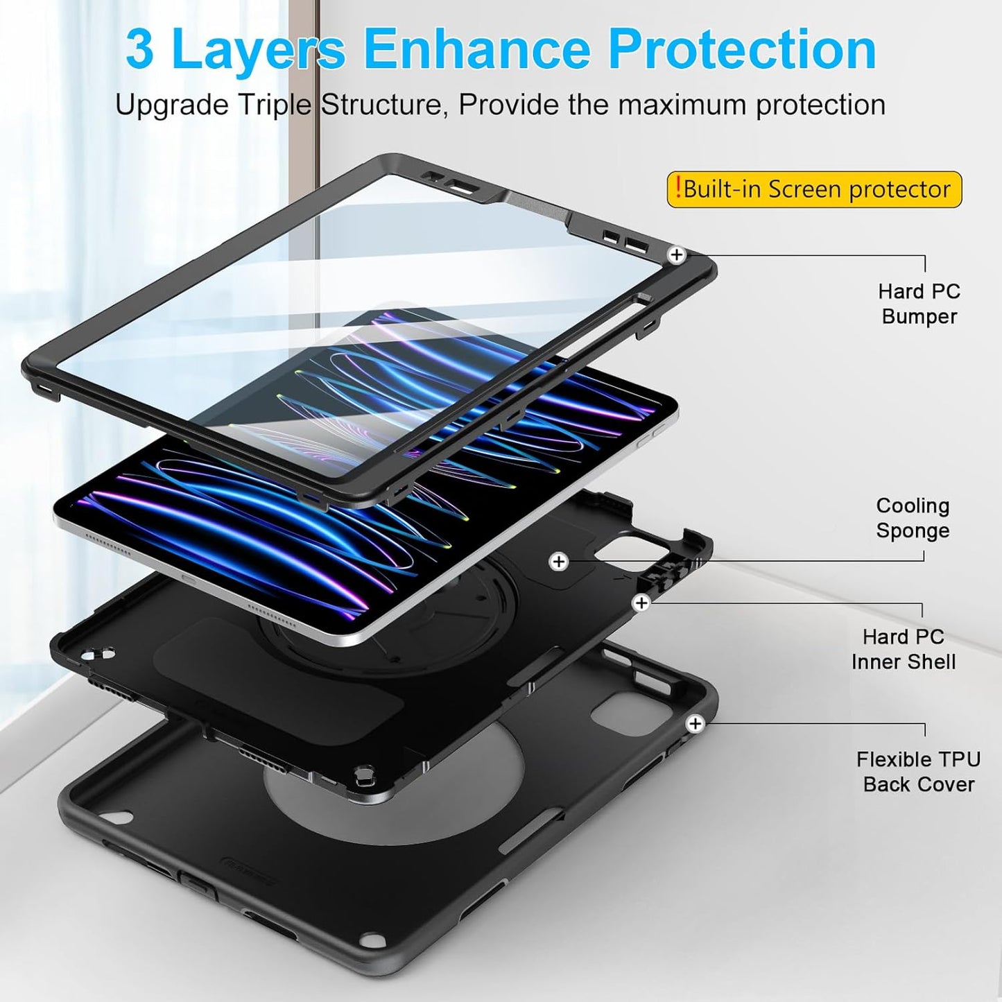 Case for iPad Pro 11 Inch 2022/2021/ 2020/2018: Cover for iPad 11 Inch 4th/ 3rd/ 2nd/ 1st Generation with Screen Protector- Stand- Handle- Shoulder Strap- Pencil Holder Black