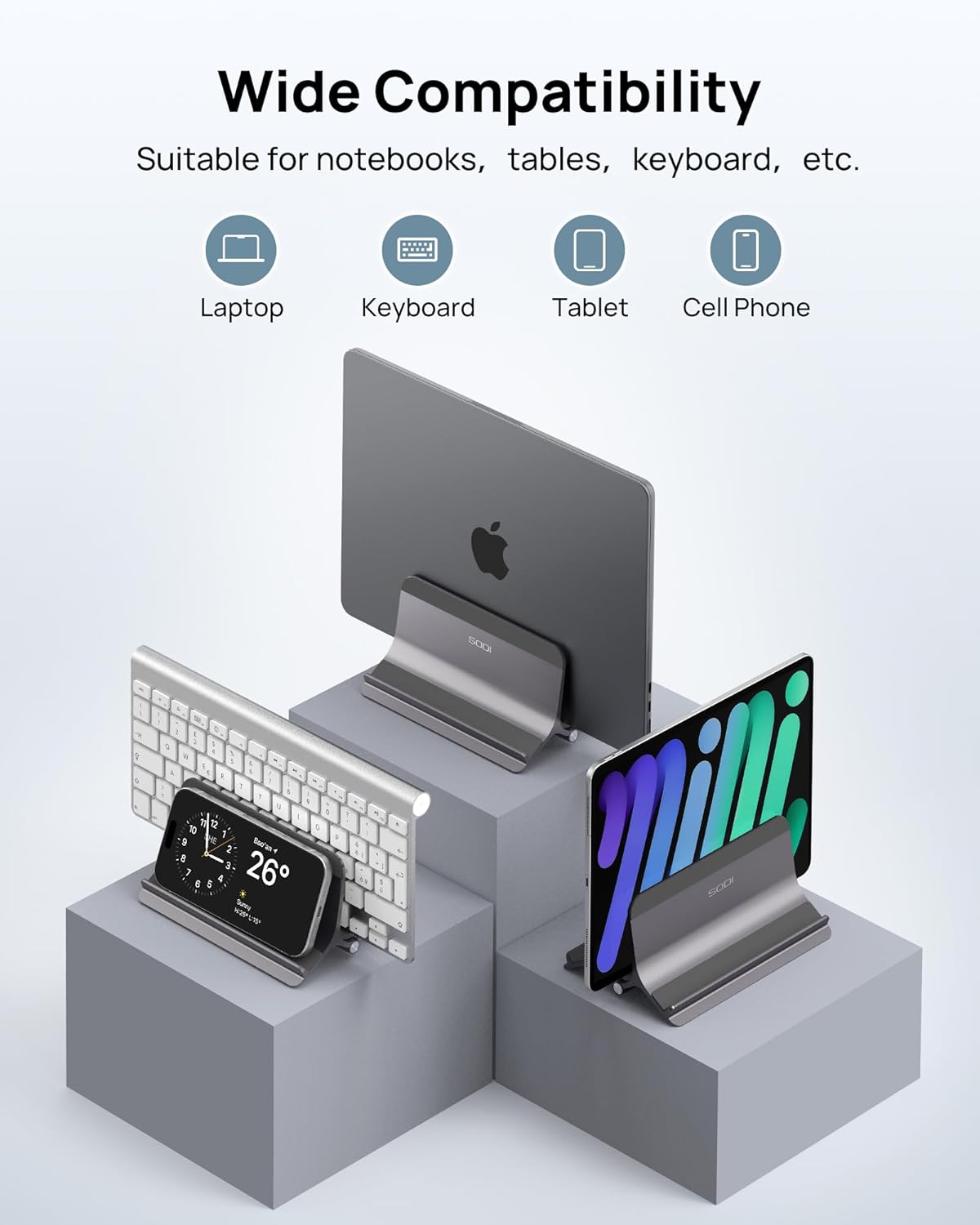 SODI Vertical Laptop Stand for Desk, Aluminum Laptop Holder Compatible with MacBook Pro, MacBook Air Stand Up to 17 inch, Gravity Auto-Lock Cooling, 3in1 Space Saving Desk Organizer Accessories, Gray