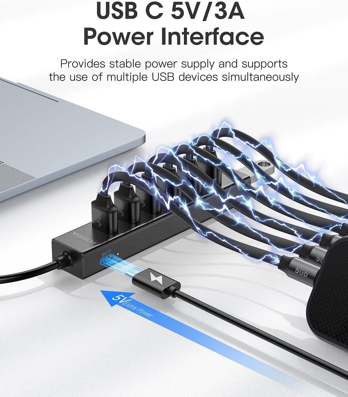 FORIDA USB C Hub-8 Port USB HUB with 7 USB3.0 Data Ports,Aluminum Alloy USBC Splitter with Type C 5V/3A Power Port Compatible with MacBook, iPad, Surface Pro, XPS, Laptop,PC (Black,USB C-9.8in)
